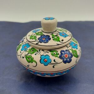 Turkish Sugar Bowl or Trinket Dish Kuthaya Blue Flowers Delicate